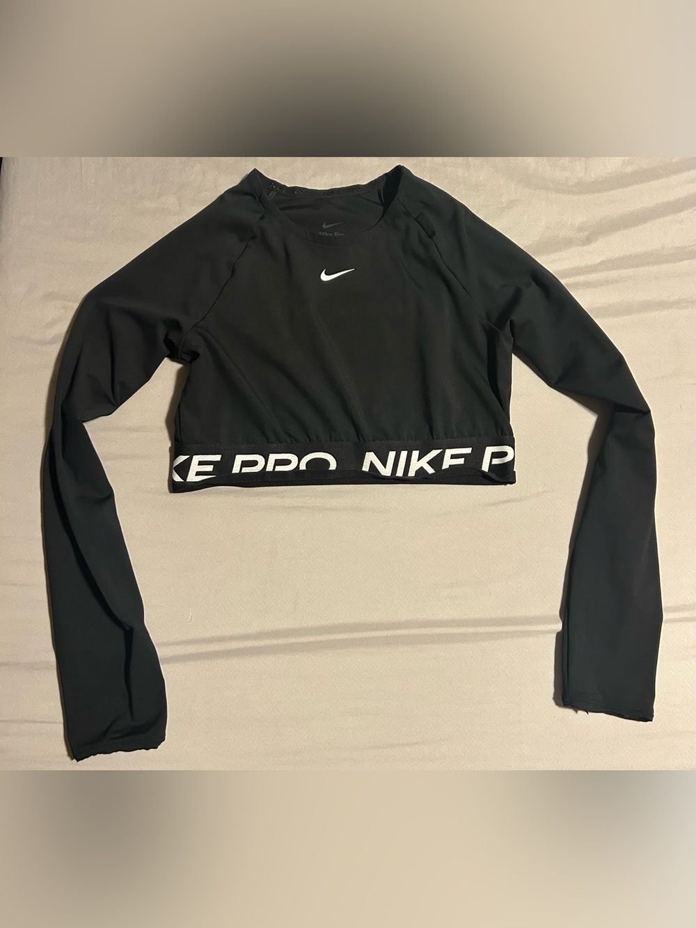2 Nike Go pro Black Cropped Long Sleeve Athletic Top w/ White Swoosh